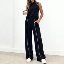 Women’s Two Piece Sleeveless Top and Wide Leg Pants Set Casual Loose Fit Outfit with Contrast Piping Design for Daily Wear XL juoda