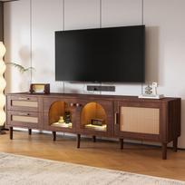 180cm TV Stand with LED Lighting - 2 Rattan Drawers and 3 Doors - Brown