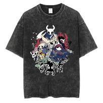 benber vintage Game Hollow Knight Print Washed Tshirt Men Women Fashion Casual Cotton Tshirts Vintage Oversized Short Sleeve T Shirts S black