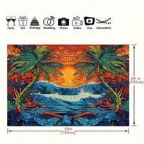 2D Boho Surf Wave Backdrop with Tribal Sun & Coconut Palms 47.2x31.5inch/120*80cm orange