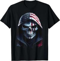 American Flag Skull Art Grim Reaper with USA Flag Hood Gift Unisex T-Shirt L black