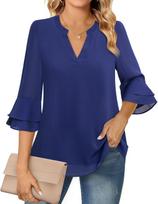 Women's V-Neck Double-Layer Chiffon Top with Flare & Tie-Waist Detailing XL karališkos mėlynos spalvos