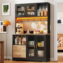 178 cm Virtuvės spintelė, Aukšta su LED, Lentyna su rozete, Vitrina su grūdinto stiklo durelėmis, Vyno lentyna, Juoda su medžio imitacijos sustiprintu stalviršiu 110 x 40 x 178 cm juoda