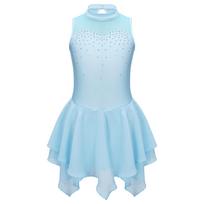 Girls Rhinestone Spandex Mesh Dance Dress Hollow Back Patchwork Sleeveless Round Neck Stage Costume 5-6 Years šviesiai mėlyna spalva