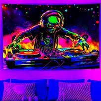 Gothic Neon DJ Skull Disc Light Tapestry Wall Hanging Home Decor for Bedroom Living Room Dorm Cool Wall Art Room Decor 100X70CM blue