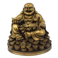Petrichor Resin Fengshui Figurine Laughing Buddha Sitting on Luck Money Coins Carrying Golden Ingot for Good Luck black
