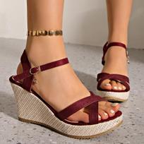 Vintage Brown Suede Cross Strap Wedge Heel Sandals Women Summer Round Toe High Heel Ankle Strap Sandals Bohemia Soft Sole Shoes 35 raudona