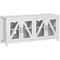 Svetainės TV spintelė-stalas televizoriams iki 58  su 4 stiklinėmis durelėmis, reguliuojamomis lentynomis, 130x35x60 cm, balta 130 x 35 x 60 cm