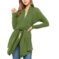 Women's Fasion Casual Loose Cardigan Solid Color Belt Long-Sleeves Cardigan M žalia