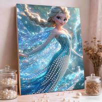 Ledinė Magija Perlų Inkrustuota Elsa Sniego Karalienė Besienė Dailė | Rankų Darbo Perlų Amatai, Ledinės Magijos Tema, Idealiai Tinka Svajingam, Prabangiam, Frozen Namų Dekoro 35x45cm white