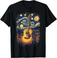 Starry Night Painting Style Acoustic Guitar Shirt Colorful Sky Music Artist Tee 4XL gray