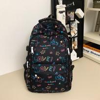 Mokyklinė kuprinė su grafiti, paaugliams, paprasta studentiška kuprinė, aukštosios mokyklos ir kolegijos kokybės, didelės talpos, universali mergaičių kuprinė Direct from the manufacturer black