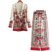 2 Piece Womens Blazer with Belt Wide Leg Pants Kit Printed Blazer Jacket Pants Womens Pajama Kit S brown