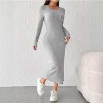European & American Long Sleeve Round Neck Knit Dress - Autumn/Winter Collection for Women S abrikosas