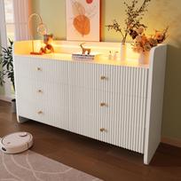 Komoda, Spintelė su LED apšvietimu ir 6 stalčiais, Bangos formos griovelio dizainas, Moderni spintelė svetainei ir miegamajam, 120x40x75cm, Balta 120 x 40 x 75 cm balta