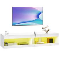 Televizoriaus spintelė, prie sienos montuojamas žemas televizoriaus stovas su RGB LED apšvietimu 16 spalvų, TV stovas su atvira saugykla, 55-60 colių televizoriams, blizgiai baltas 140 x 40 x 30 cm