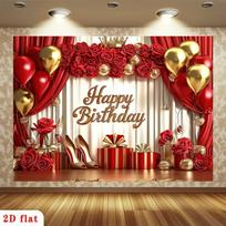 2D Luxury Birthday Backdrop Red Rose Gold Balloon High Heels Photoshoot Background 70.9x43.3inch/180*110cm white
