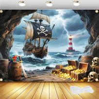Piratų laivo švyturio jūrinių kelionių gobelenas Sienos dekoracija Jūros nuotykių dekoras meno spaudinys Dekoracija vandenyno kambariui Piratų vakarėlis Garas 100X70CM gray
