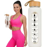 Peterson moteriška stiklinė vandens gertuvė 960 ml su silikoniniu dėklu, motyvacine matavimo skale, smėlio spalvos