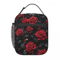 Red Rose Floral Design Insulated Lunch Bag for Women Kids Portable Food Boxes Thermal Lunch Box Tote One Size black