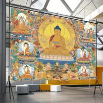Shakyamuni Buddha Tangka Tapestry Tibetan Buddhist Hall Tea Room Zen Living Room Background Wall Room Decoration 100X70CM beige