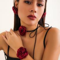 Vintage Rose Flower Choker Collar Women'S, Flannel Satin Flower Fashion Strap Necklace Korean velvet + satin burnt edge