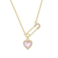 1PCS Niche Safety Pin Necklace With Pink Heart Charming Crystal Love Pendant Luxury Stainless Steel Chain Combination Jewelry beige