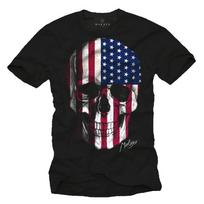 JAV Kaukolės vyriški marškinėliai su Amerikos vėliava - Vyriški JAV Biker Kaukolės marškinėliai 4XL blue