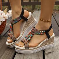 Bohemia Color Beads Wedge Sandals for Women  Summer High Heels Platform Sandals Woman  43 Ankle Buckle Beach Shoes 36 brown