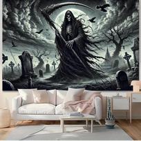 Grim Reaper Tapestry Creepy Cemetery Scene 100X70CM gray