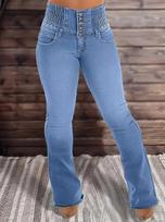 TEMU 2024 High-Waisted Slimming Elastic Button-Up Women's Micro-Flare Denim Pants L šviesiai mėlyna spalva