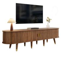 TV spintelė 175 cm su rotango stumdomomis durelėmis, riešuto išvaizda ir daug vietos daiktams laikyti - Kaimiško stiliaus stalas su atvirais skyreliais, stalčiais - Natūralus dizainas 175 x 38 x 45 cm