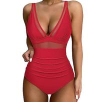 Women's One-piece Swimsuit Women's Hollowed-out Mesh Deep V Through Bikini Bikini Beach Swimsuit S raudona