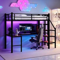 Aukšta lova su L formos rašomuoju stalu, matmenys 90*190 centimetrų, su daug vietos daiktams laikyti ir lentynomis. Stipri lovos rėmo komplektacija apima kopėčias 197 x 98 x 175.5 cm juoda