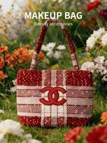 Red Plaid Sequin CC Logo Tote Bag, Daily Handheld Cosmetic Bag, Luxury Brand Beauty Accessory raudona