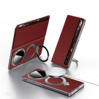 Originalus Sulada Natūralios Odos Magsafe Dėklas Honor Magic V5 MagicV5, Prabangus Metalinis Žiedas Laikiklis, Langas Vaizdas, Atverčiamas Dangtelis Honor magic v5 ruda