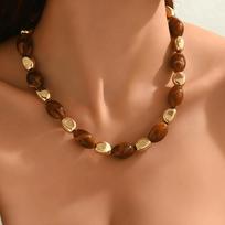 1pc Women'S Oval Resin Geometric Choker Necklace | Vintage Beaded Sweater Chain in Umber Color, Ideal for Daily Wear and Valentine'S Day Gift