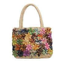 Nauja aukštos kokybės raffia pintinė rankinė, rankų darbo šventinė šiaudinė rankinė moterims, gėlių rašto, didelės talpos, per petį nešiojama krepšio tipo rankinė open beige