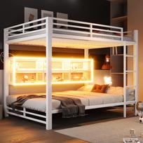 140x200 Dviaukštė lova su sandėliavimo spintelėmis ir LED apšvietimu, balta 204 x 146 x 160 cm balta