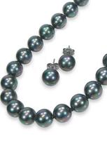 [Your and My Jewelry Box] Black Pearl Necklace and Earrings Set - Peacock Color  Black Mother-of-Pearl Pearls 10.0mm Up, 42cm Size Made in Japan gray
