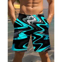 Men's Beach Shorts, Striped Pattern 3D Printing, Essential for Beach Vacations, Quick-drying and Breathable Swimming Shorts S black