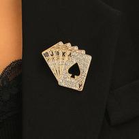 Gold-Tone Spade Royal Flush Rhinestone Brooch, Poker Cards Lapel Pin for Men & Women beige
