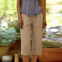Women's Fashionable Casual Loose-Fit -Colour Cotton-Linen Blend Elasticated Waist Tie-Waist 7/10 Pants S chaki