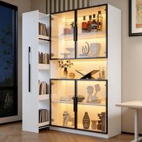 Stiklinė vitrina 110x35x160cm, Balta su LED apšvietimu - Ištraukiamos lentynos, stalčiai, sandėliavimo vieta svetainei, virtuvei ir darbo kambariui 110 x 35 x 160 cm balta