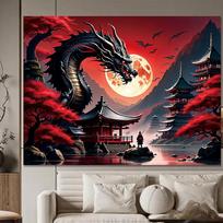 1pc Dragon and Red Moon Tapestry - Majestic Dragon  Warrior and Flaming Red Sky Artwork 180X110 red
