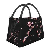 Japanese Sakura Cherry Blossoms Print Thermal Lunch Bag Women Reusable Portable Insulated Lunch Box for Travel Picnic Work One Size black