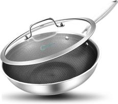 LOLYKITCH Stainless Steel Honeycomb Embossed 26cm Wok with and Oven High Riveted Handle 3-Ply Non-Stick Lid, IH, Dishwasher, Safe, Durability, sidabras