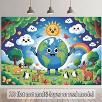 2D Animacinis Pasaulio ir Laukinių Gyvūnų Vėliava Vaikų Gimtadieniui ir Žemės Dienai 47.2x31.5inch/120*80cm blue