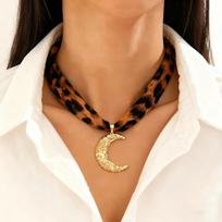 Leopard Print Scarf Choker Necklace with Hammered Moon and Cross Pendants for Women