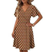 Women’s Flare-Sleeve Short-Sleeve Casual Dress Polka-Dot Printed V-Neck Dress L ruda